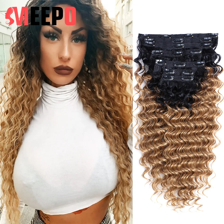 

Deep Wave Hair Extensions Clip in Synthetic Hair 24Inch Kinky Curly Double Weft Ombre Soft Long Hairpieces For Women Meepo