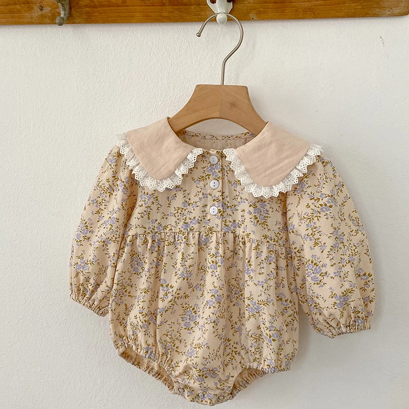 Autumn Newborn Baby Girls Bodysuits Long Sleeved Cotton Lace Flower Infant Baby Girls Jumpsuit Spring 0-24M Children Clothes