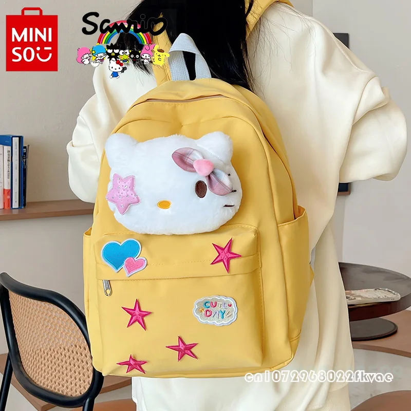 กระเป๋าเป้สะพายหลัง MiniSO Hello Kitty ใหม่สำหรับผู้หญิงกระเป๋าเป้นักเรียนแฟชั่นคุณภาพสูงลายการ์ตูนจุได้ขนาดใหญ่น่ารักกระเป๋าเป้เด็กผู้หญิง