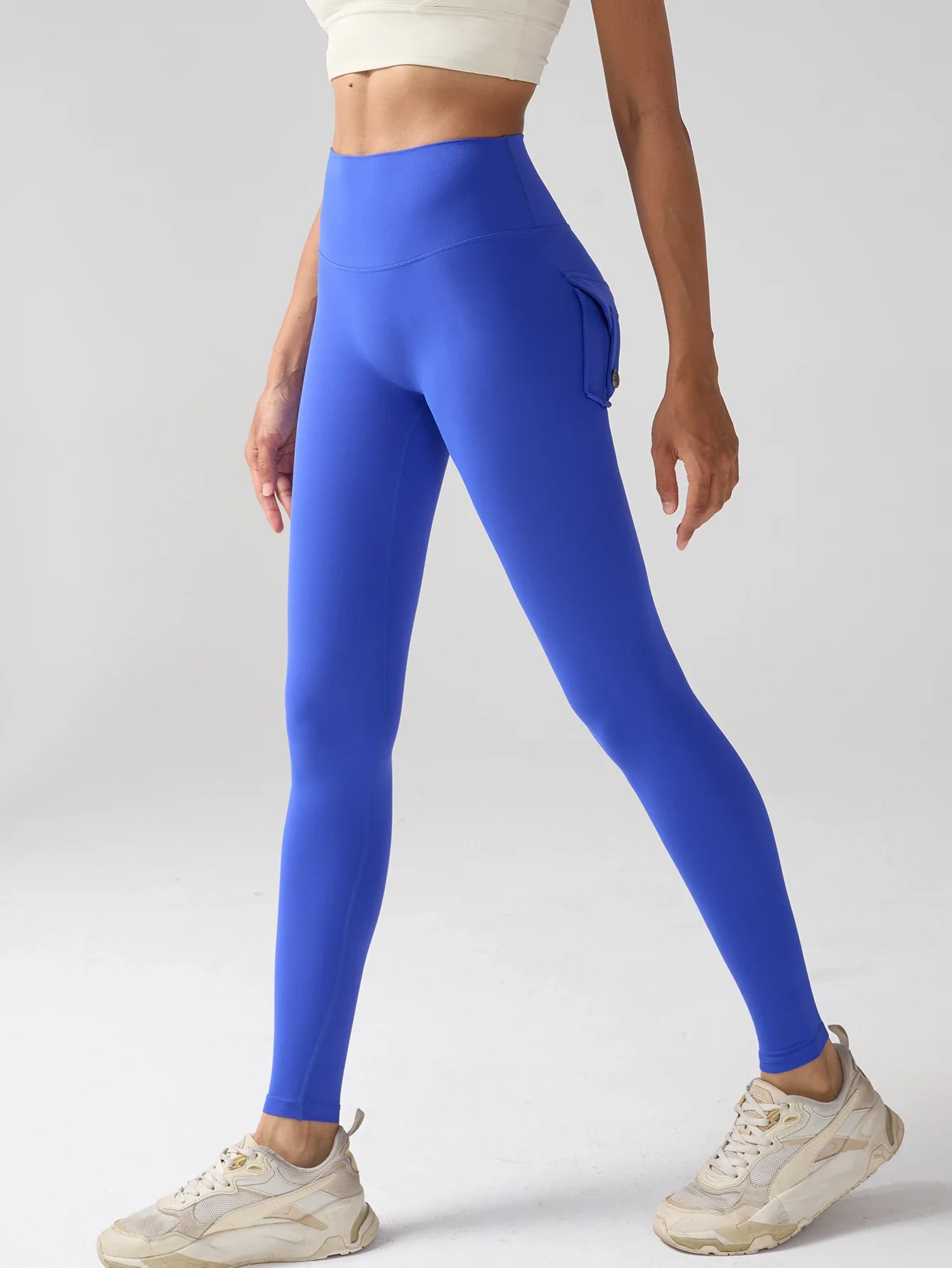 Damen High-Waist Tummy-Control Cargo Yoga Leggings aus Spandex, einfarbige Gym-Tights, Sport-Laufhose mit Taschen