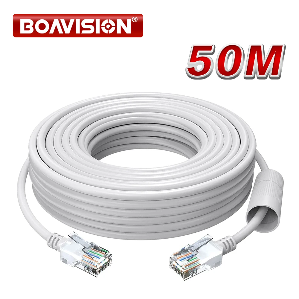 Cabo Ethernet Cat5e 20m 30m 50m Cabo de fio RJ45 de rede branca de alta velocidade para sistema de câmeras de segurança POE, switch PoE etc.