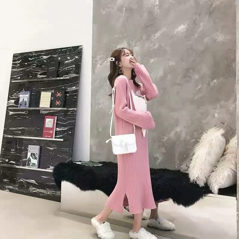 

Women's Over Knee Split Flare Sleeve Dresses 2023 Autumn Winter Knitted Casual Sweater Dresses Female Loose Fashion Dresses