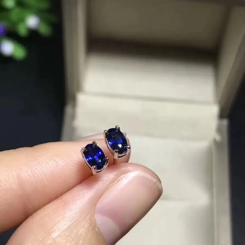 Special Offer Natural Sri Lankan Sapphire Stud Earrings Stone Size 3 X 5MM Small and Exquisite S925 Silver Platinum Plated