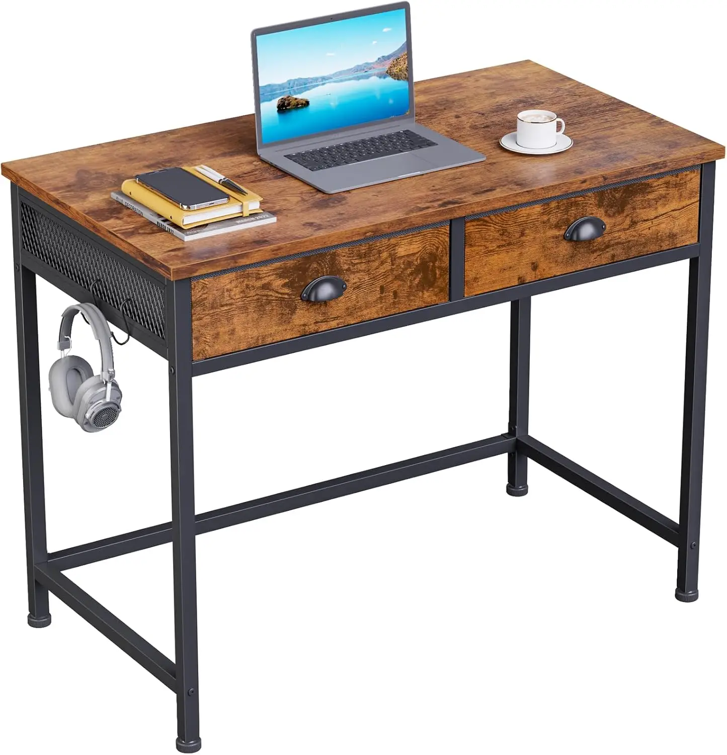 Furologee Computer Desk With 2 Fabric Drawers, 36 Inch Small Home Office Writing Desk, Vanity Desk With Hooks, Simple Study