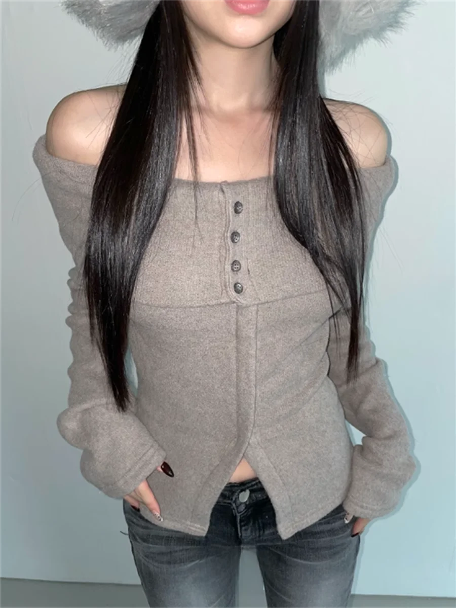 섹시하고 독특한 SEI 니트 롱 슬리브 오프숄더 버튼업 겨울 상의 한국 스타일 출퇴근 패션 레귤러 핏 싱글...