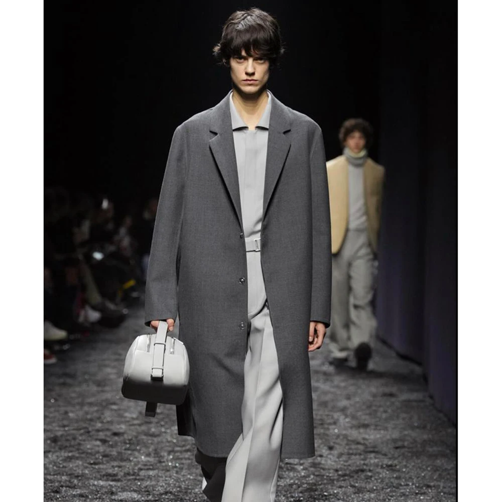 

Минималистичный длинный темно-серый мужской пиджак с лацканами, цельный однобортный свободный деловой офисный мужской пиджак, пальто