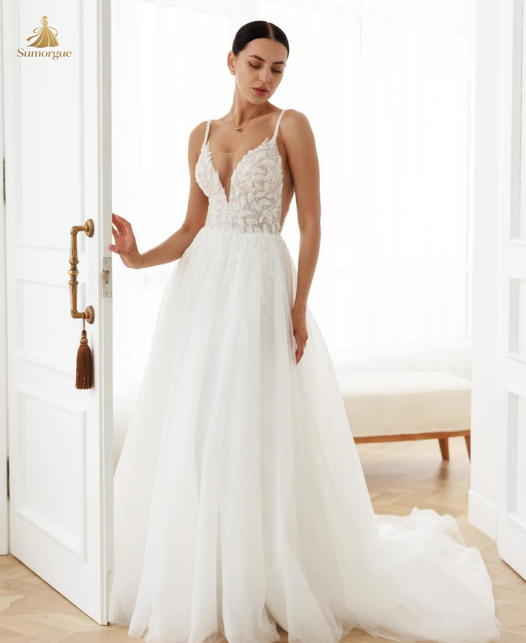 Simple Appliques WeddingDress A Line Women's Sexy Lace V Neck Backless Bridal Gowns Princess HIGH Customized Vestido De Novia
