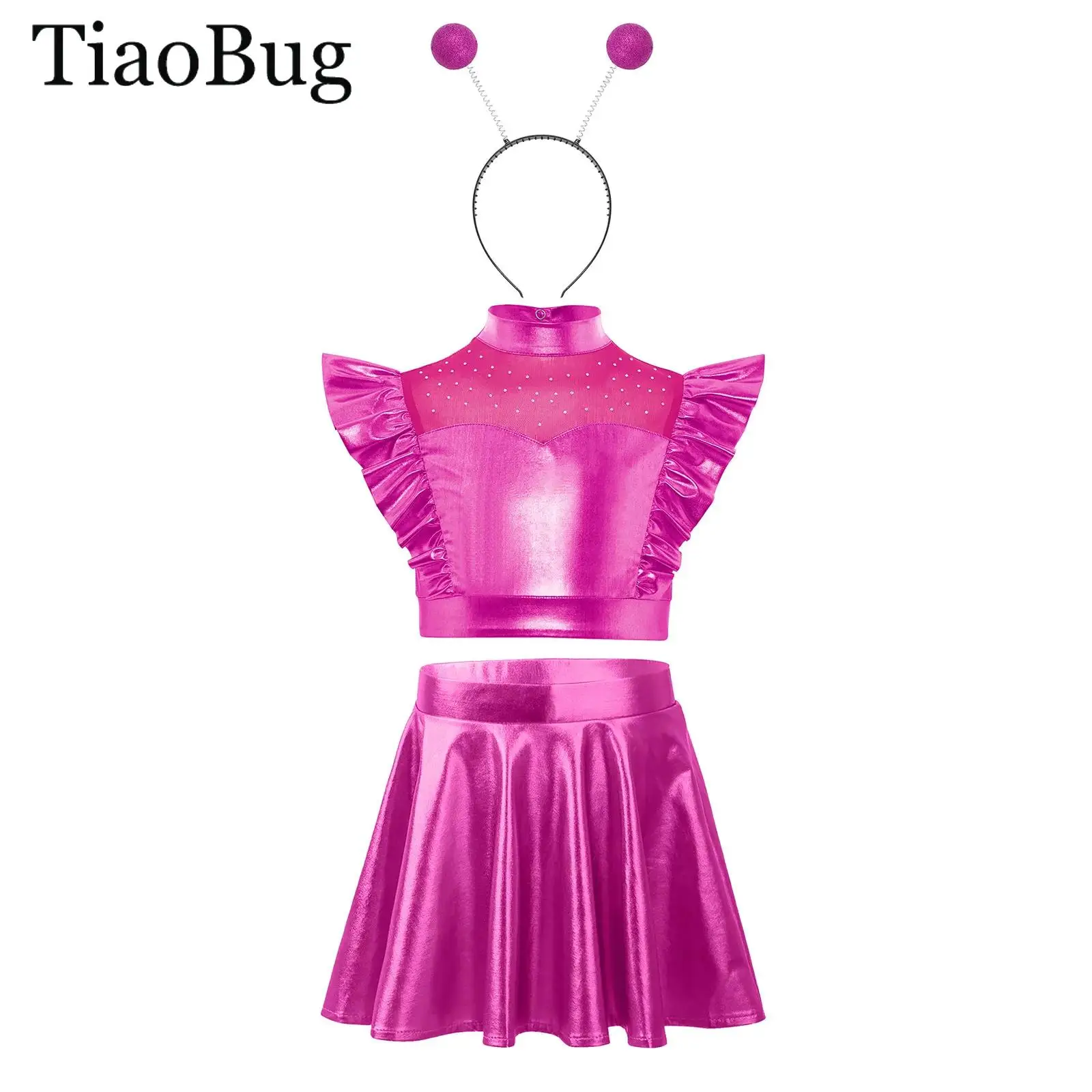 Alien-Cosplay-Outfit für Mädchen, ärmellose Rüschen-Crop-Tops mit Strass und metallischem A-Linien-Rock, Haarreif für Partys in der Zukunftswelt