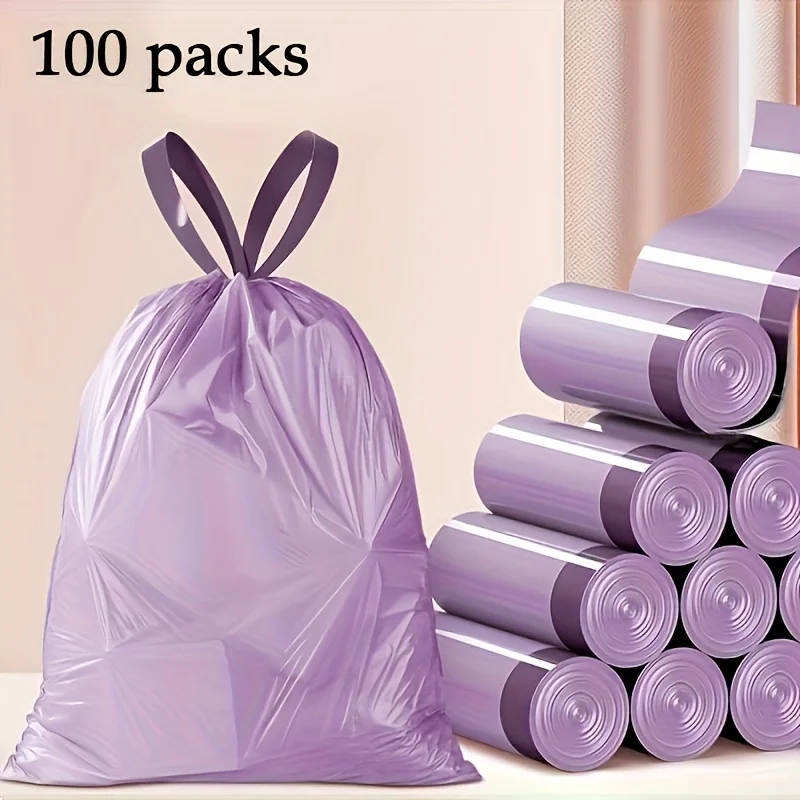 100 bolsas de basura moradas con cordón, bolsas de plástico desechables gruesas y a prueba de fugas para cocina, baño, dormitorio, sala de estar