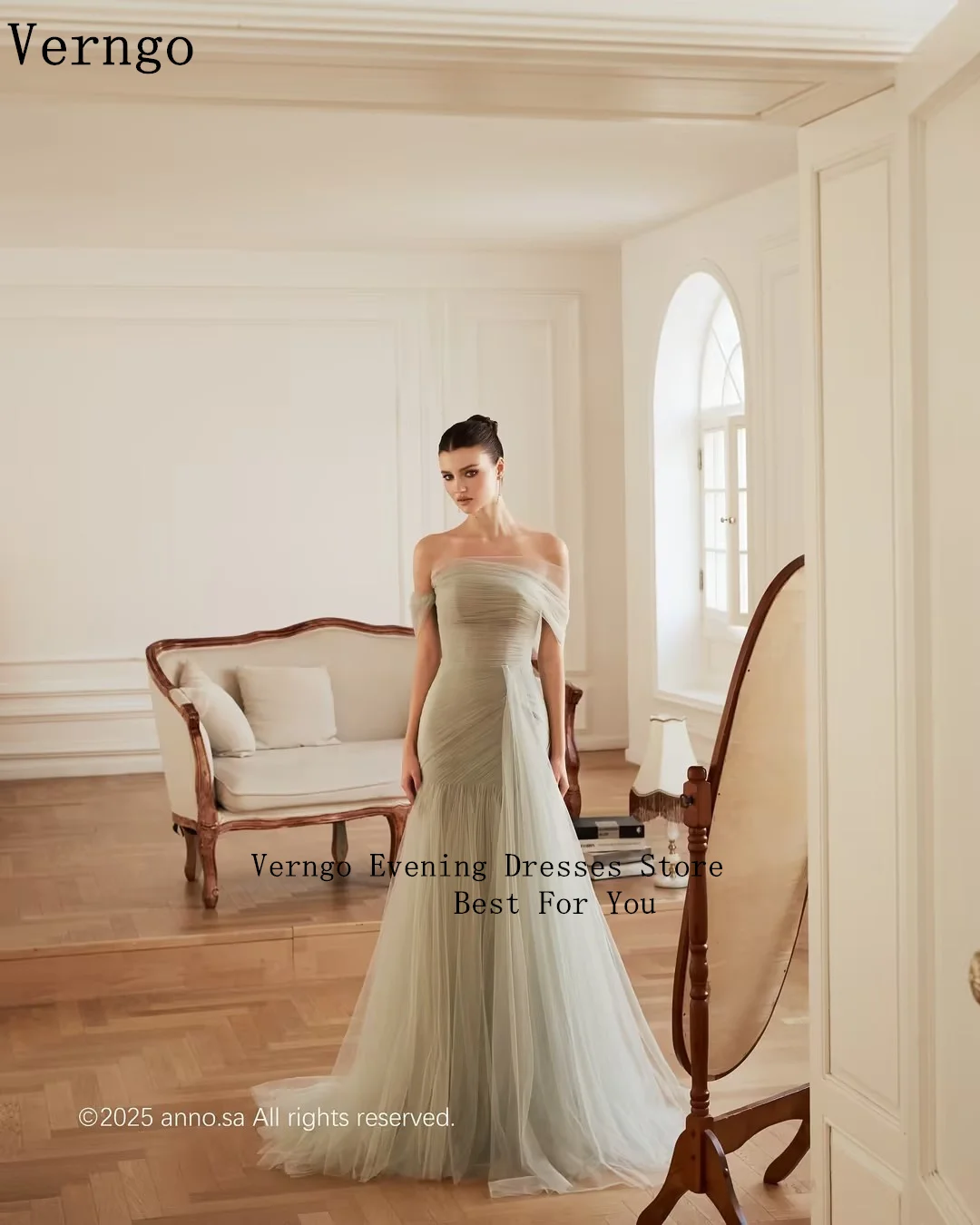 Verngo Soft Green Tulle Evening Dress Simple Off The Shoulder A Line Prom Gown Flowy Fairy Korea Prom Party Dress Customized