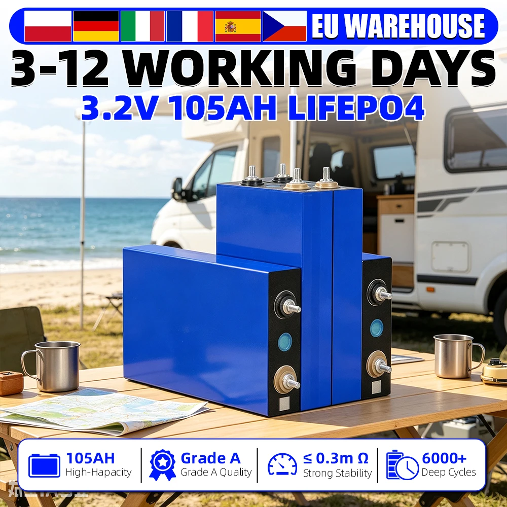 Image of EU-Lagerbestand: 105Ah 3.2V Grade A LiFePO4 wiederaufladbare prismatische Zellen, 6000+ Zyklen, DIY für 12V 24V 48V Solar-, Golfwagen-, Speicher- und Yachtanwendungen