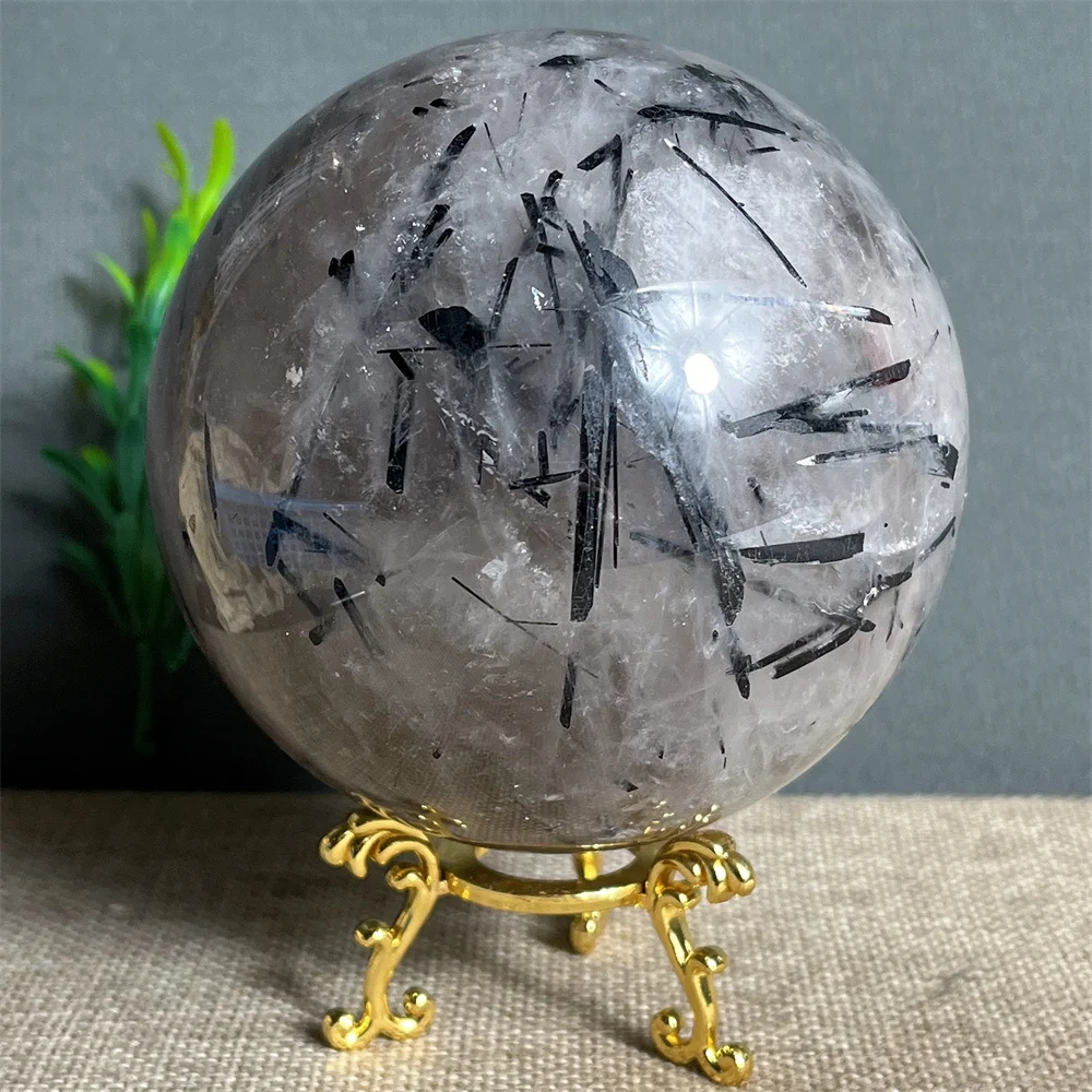 Crystal Natural Black Tourmaline Hair Ball  Quartz Point Sphere Feng Shui Ornaments Minerals Home Decoration Room+Stand