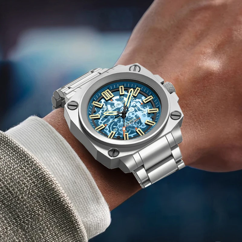FeelNever Mechanical Man Watch Luxury Casual Stainless Steel Band Skeleton 100M Waterproof Luminous Automatic Watches Male Reloj view 5