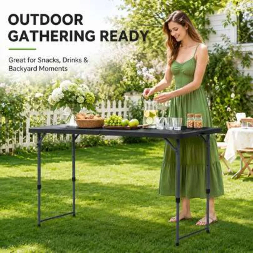 Black 4 Foot Adjustable Height Folding Plastic Table, Compact Portable Indoor Outdoor Utility Desk for Dining, Camping, Picnic, Parties, Events, Heavy Duty Lightweight Easy Store, 47 x 28 x 29 Inch