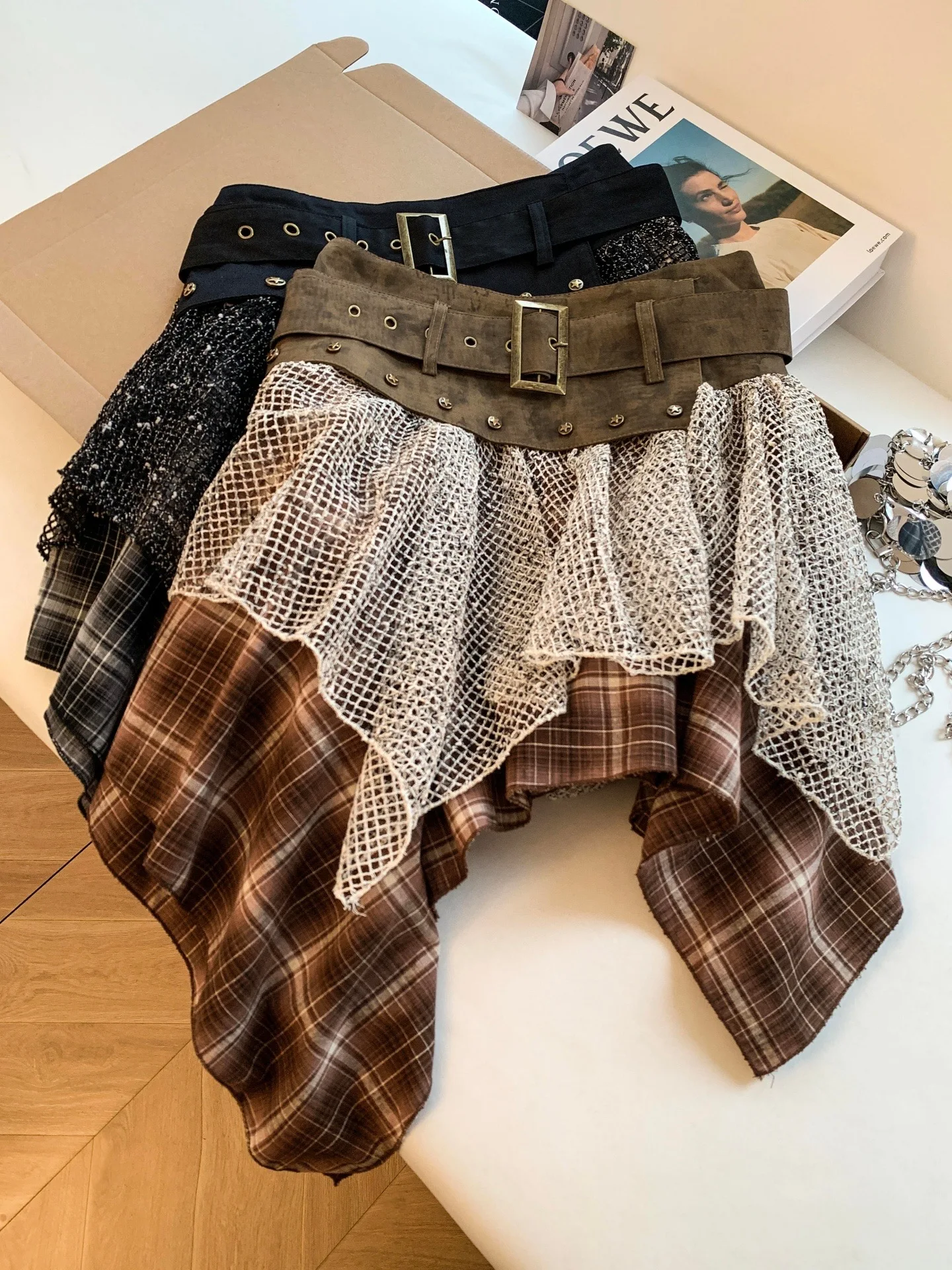 Women's Summer Streetwear High Waist Irregular Patchwork Plaid A Line Short Skirt Lady Color Contrasted Rivets Cool Girl Skirt