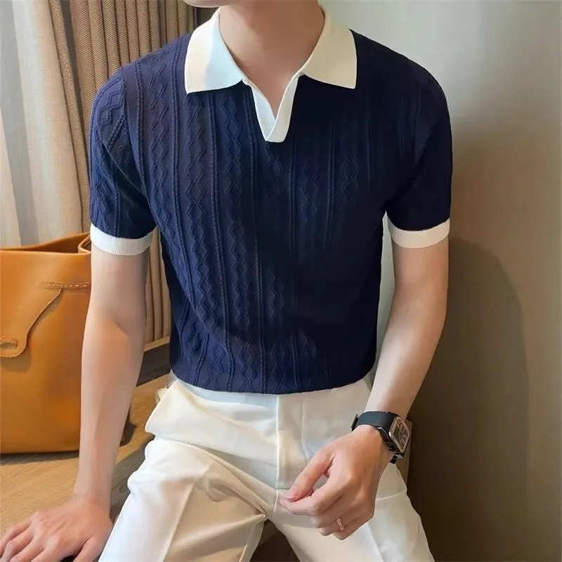Summer Ice Silk Breathable Jacquard Lapel Short-sleeved Knitted Sweater Men Korean Style Trendy Slim