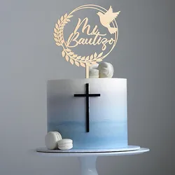 Mi Bautizo Cake Topper Spanish Baptism Cake Topper in Wood First Communion Party Gender Reveal Backdrop