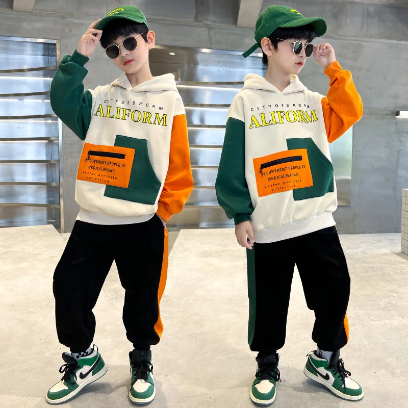 Boys Spring/Autumn Hooded Sweater Suit Children\'s Fashion Splice Hoodie+Pants 2-Piece Teenagers Cool Print Sports Set 4-12 Years