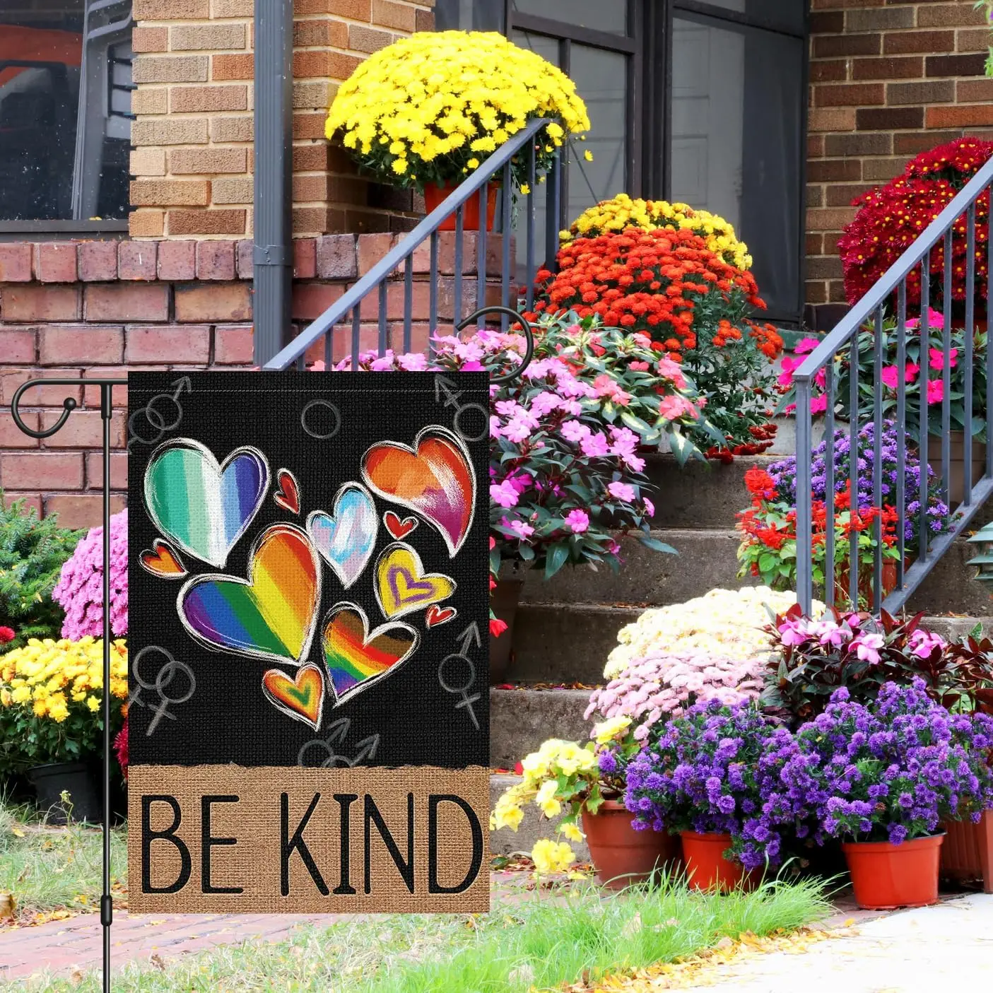 Louise Maelys Love is Love Be Kind Garden Flag 12x18 Double Sided Burlap, Small Rainbow Heart Pride Gay Lesbian LGBT Garden  yyi