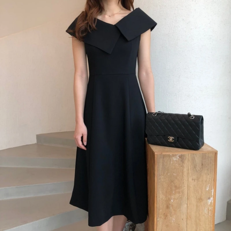 Big Collar Patchwork A A Line Dress Midi Black Vestidos Verano 2022 Elegant Office Jurk Korean Style Women Retro Robe De Soiree