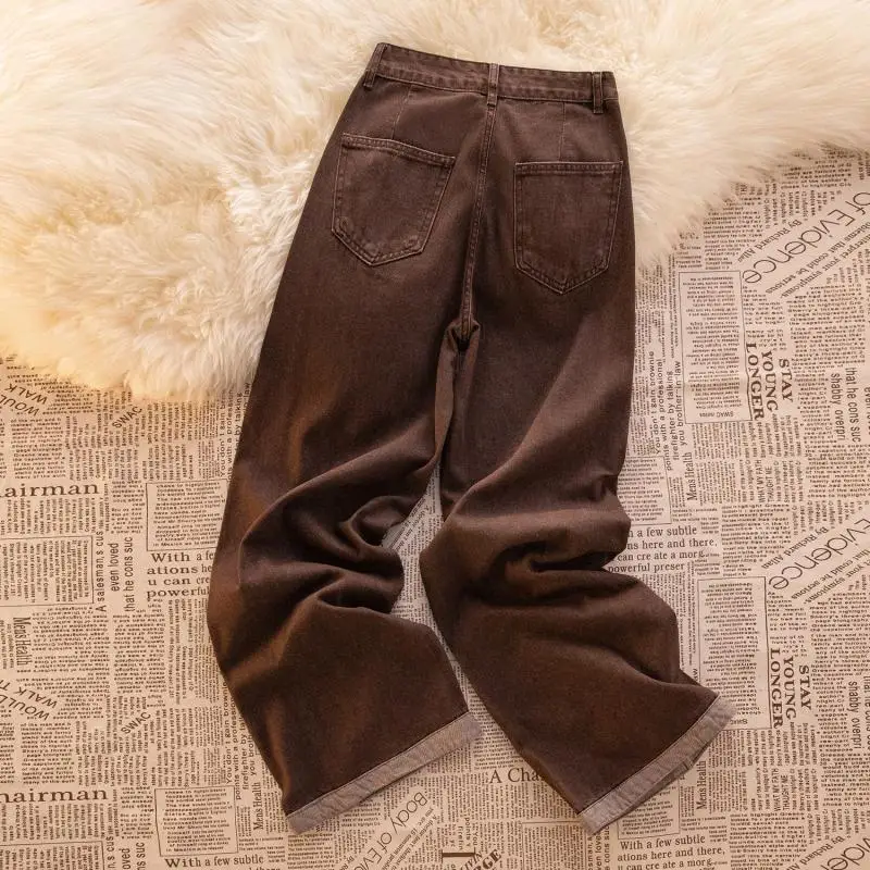 Vintage Coffee Colored Wide Leg Jeans For Women In Autumn And Winter 2025, High Waisted Loose Pear Shaped Straight Leg Pants