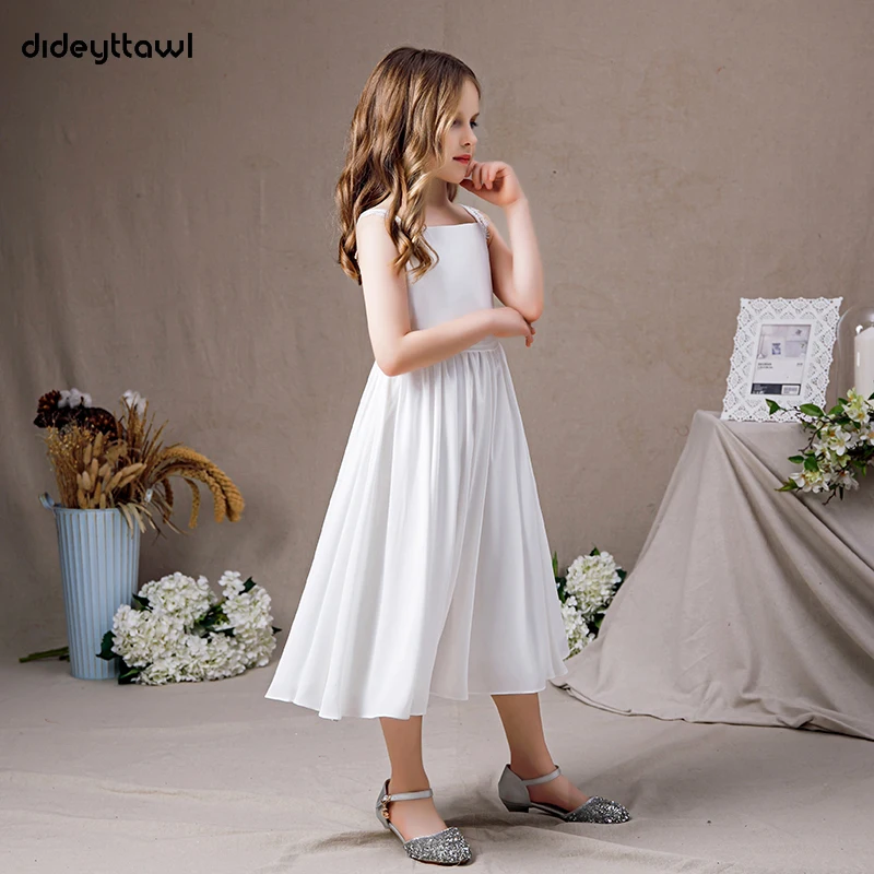 Dideyttawl branco chiffon meninas primeiro comunhão vestido 2022 simples criança festa de aniversário chá-comprimento sem mangas júnior vestido de dama de honra