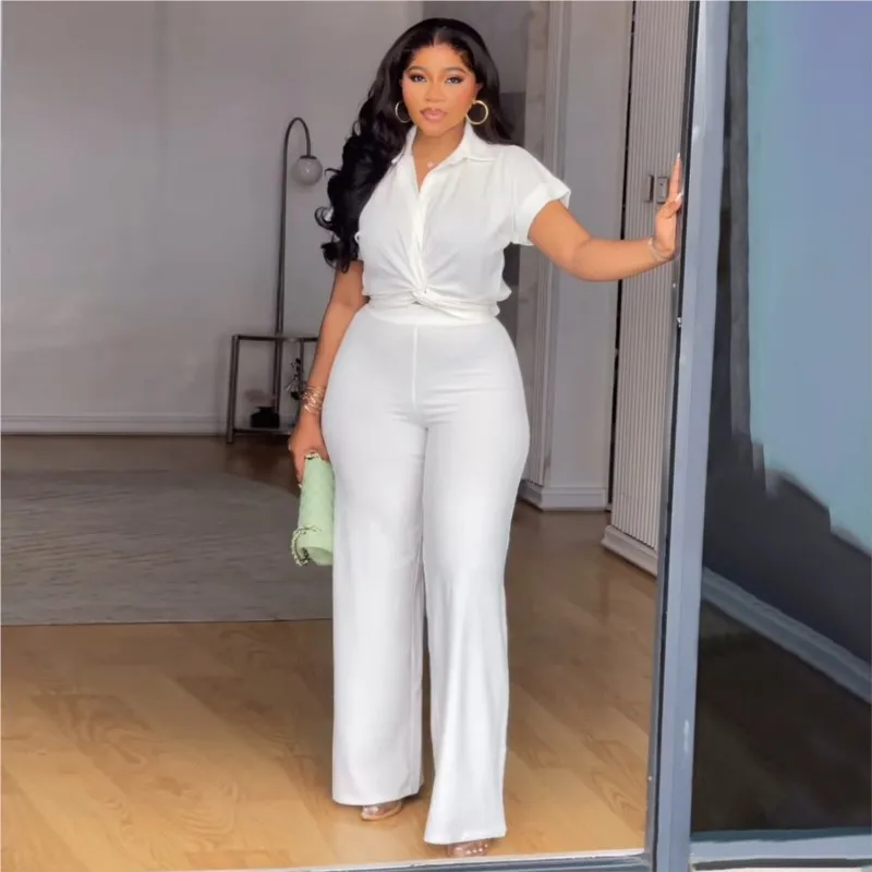 

Short-sleeved Shirt, High-waisted Casual Pants Two-piece Set 2026 Summer New Plus Size Women's Solid Color Casual Fashion Suit