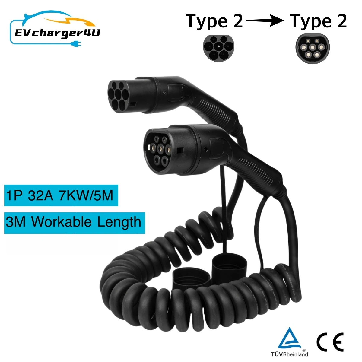 EVcharger4U Type 2 EV-oplaadspiraalkabel 1 fase 32A 7KW 7M, 3 fase 22KW 5M modus 3 opgerold opladersnoer voor elektrische auto CE TUV