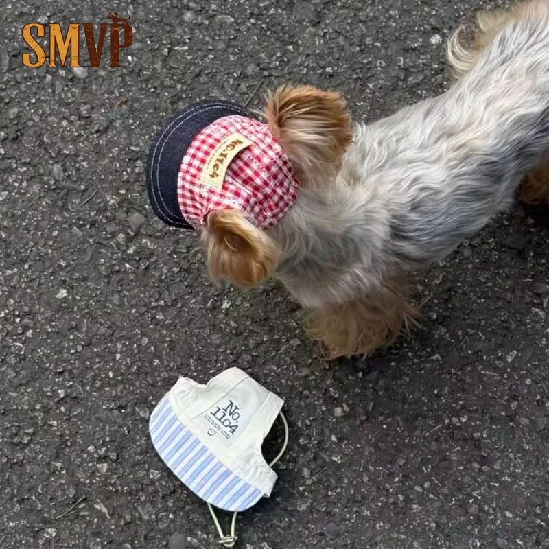 Plaid Striped Pet Sun Visor Hat Ear Holes Adjustable Chin Strap Lightweight Outdoor Sun Protection Cap Photo Accessory for Pets