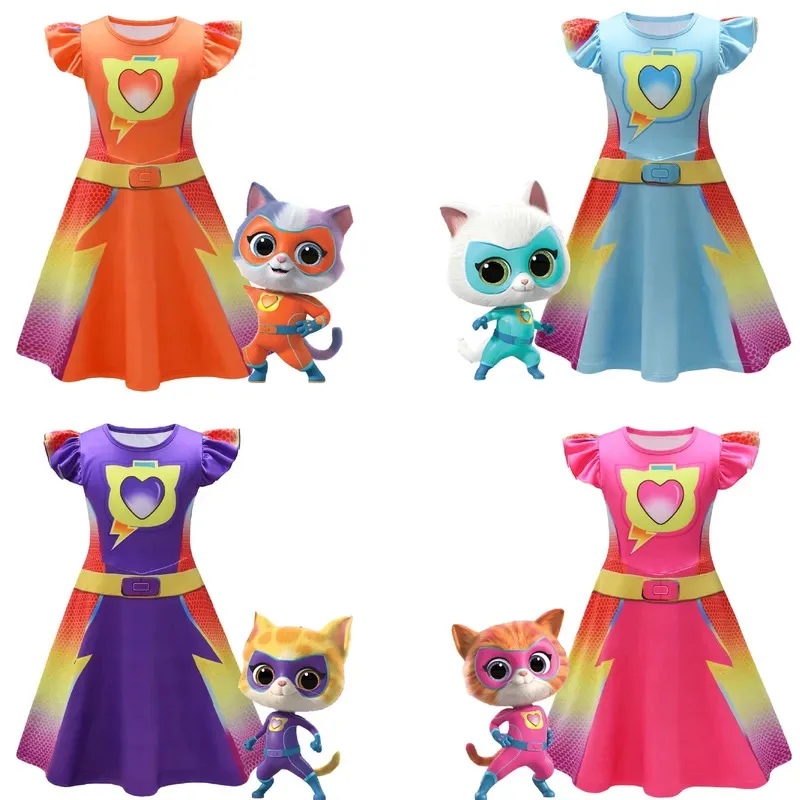 Qq28LQChildren's SuperKitties Trajes Cosplay Super Gatos Vestidos para Meninas Disfarce Festa Vestido de Princesa + Bolsa Eyepatch Carniva