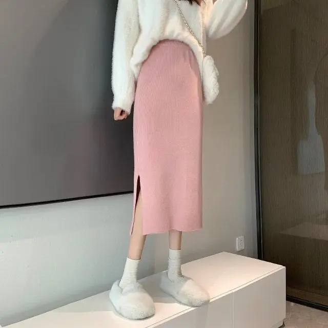 Autumn and Winter Knitted Straight Hip-hugging Slim Mid-length Skirt High-waisted One-step Slit Long Skirt