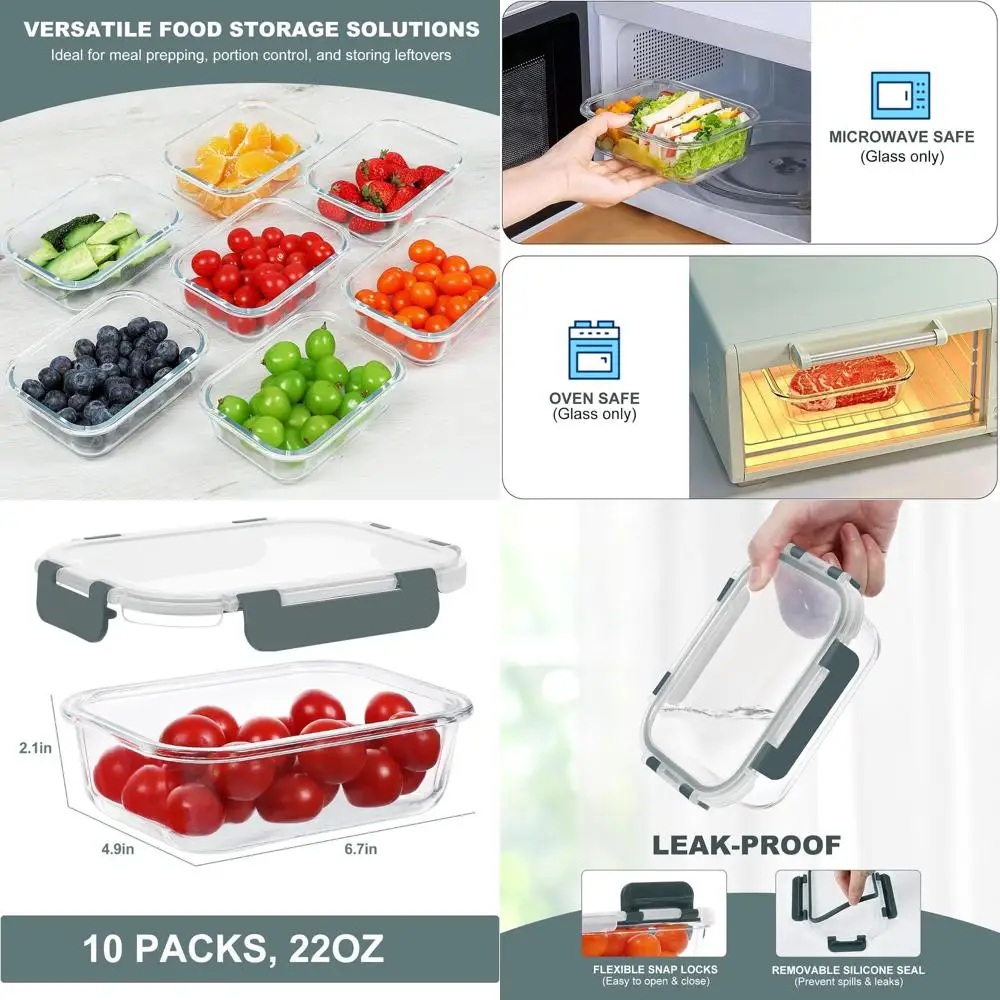 

Set of 10 - 22 oz Glass Meal Prep Containers with Lids, Leakproof, BPA-Free, Microwave & Freezer Safe