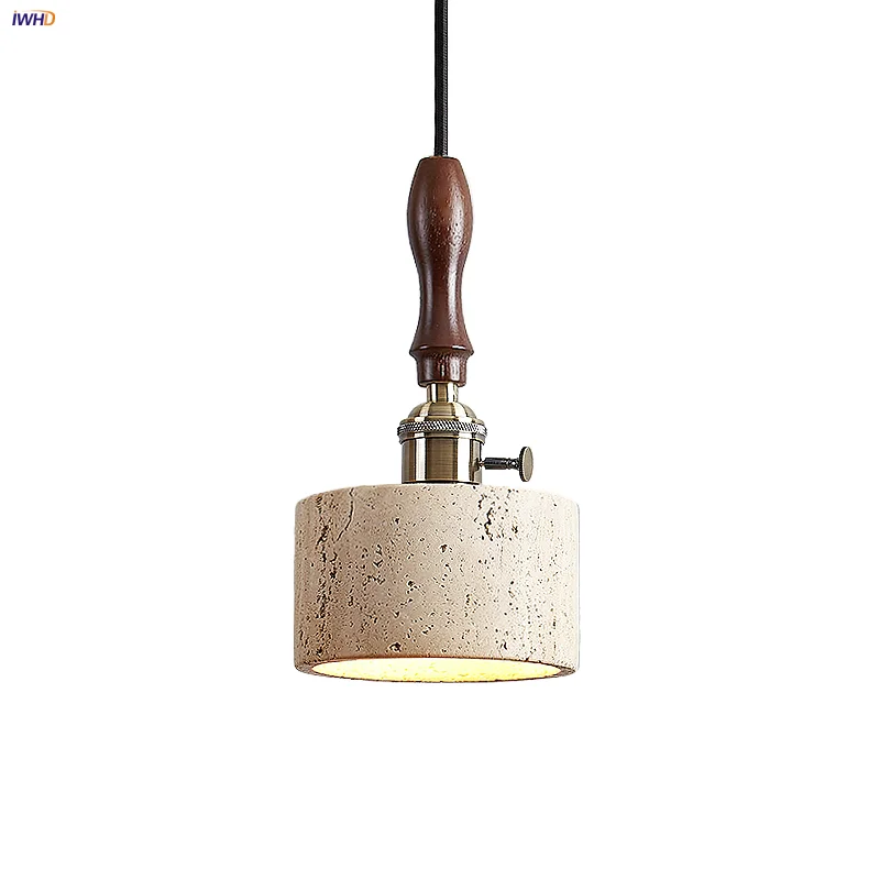 IWHD Knob Switch LED Pendant Light Fixtures Dining Room Reading Yellow Travertine Norddic Modern Walnut Wood Hang Lamp Lighting