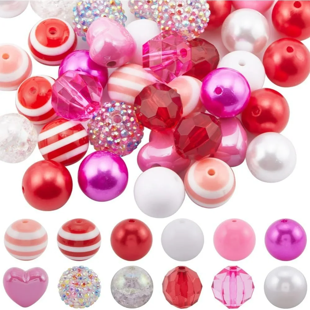 

60Pcs Pink 20mm Beads Pen Beads Bulk Bubblegum Round Pink Acrylic Plastic Rhinestone Large Focal Heart Beads
