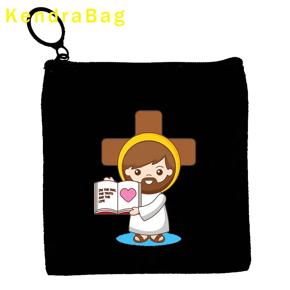 Cartoon Jesus Christ Floral Cross Love Faith Cute Christian Bible Belief Gift Canvas Coin Purse Key Case Bag Wallet Zipper Pouch