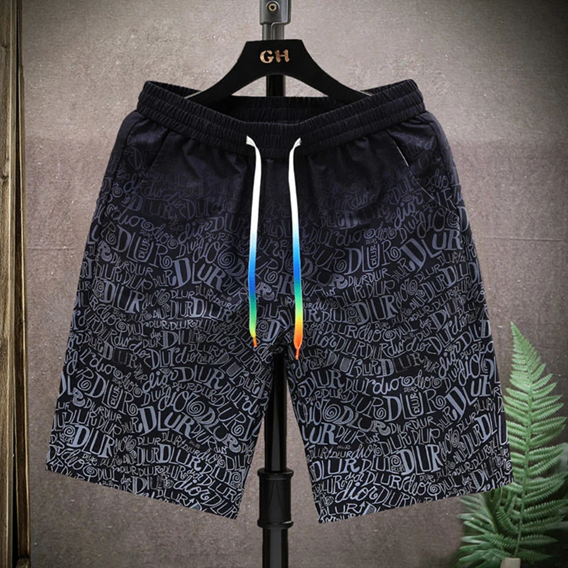 Fashion Loose Elastic Waist Pockets Printed Bandage Gradient Casual Shorts Men 2024 Summer New Oversized All-match Board Shorts