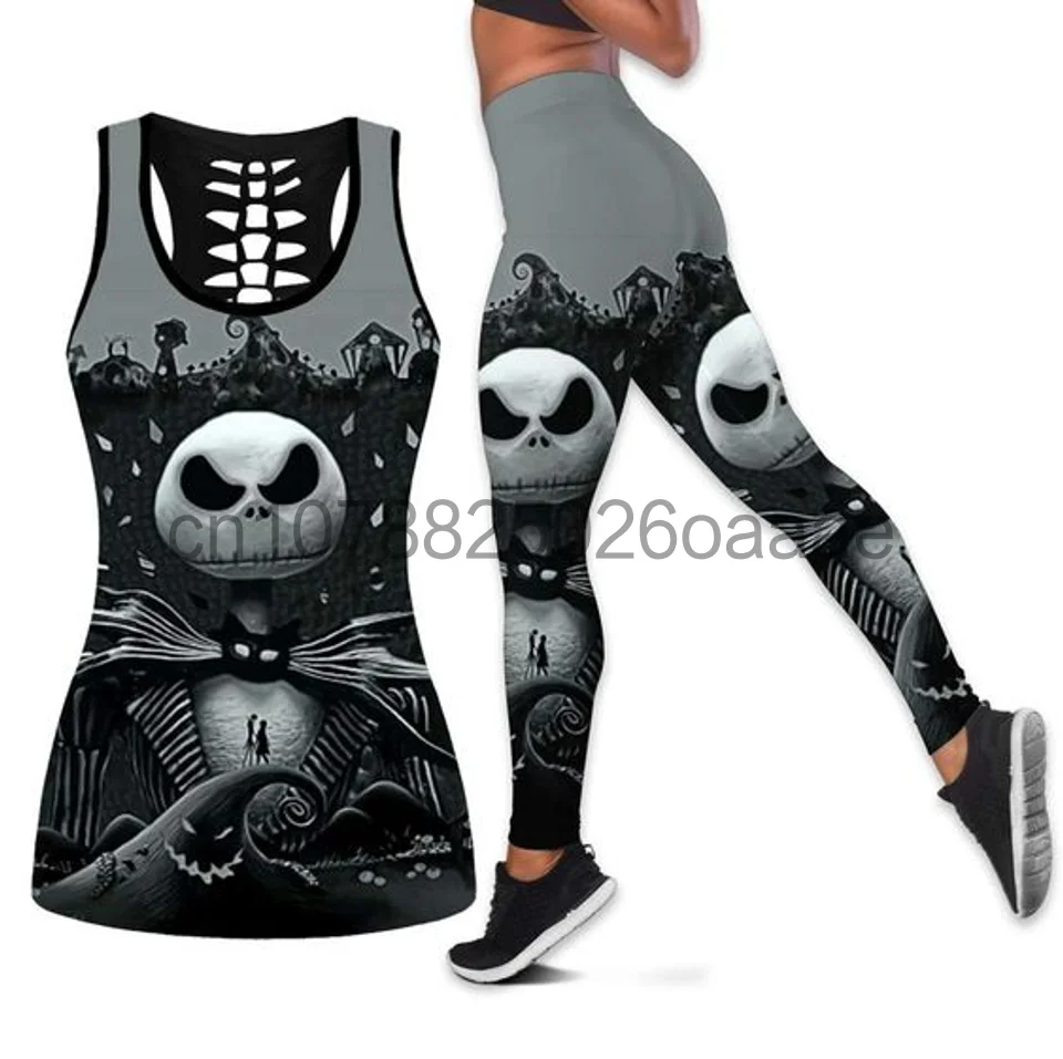 Disney The Nightmare Before Christmas Jack Skellington Sally Womens Hollow Tank Top Leggings Yoga Set Fitness Leggings Tracksuit