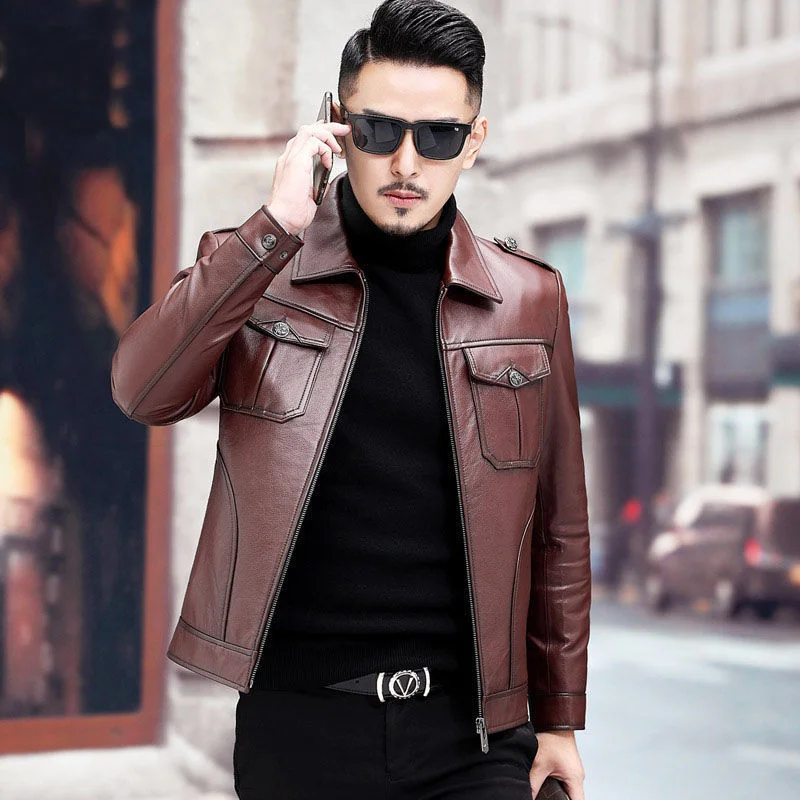 

genuine leather 100% fur coat men jacketLeather men's short sheepskin lapel motorcycle jacket 2023 Haining new spring and autum