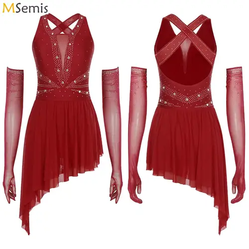 Vestido de baile de Tango lírico para mujer, vestido asimétrico con diamantes de imitación y guantes, traje de baile de salón, Tango, Jazz, Rumba, Samba