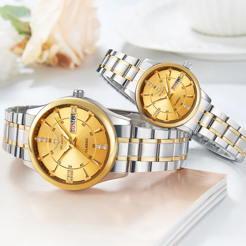 YASHIDUN Couple Watches Luxury Brand Waterproof Luminous Quartz Watch Stainless Steel Sport Watches Couple Watch Pair Set Gift