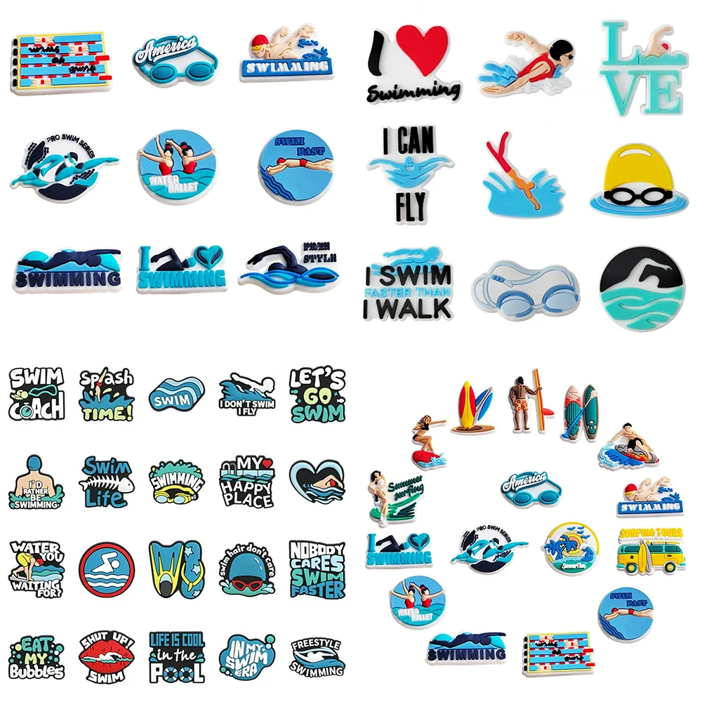 8-20PCS Swim Surfing Swimming Cap Shoe Charm Wholesale PVC clog Wristband Bag Decor Buckle Sandal Detachable Waterproof XmasGift