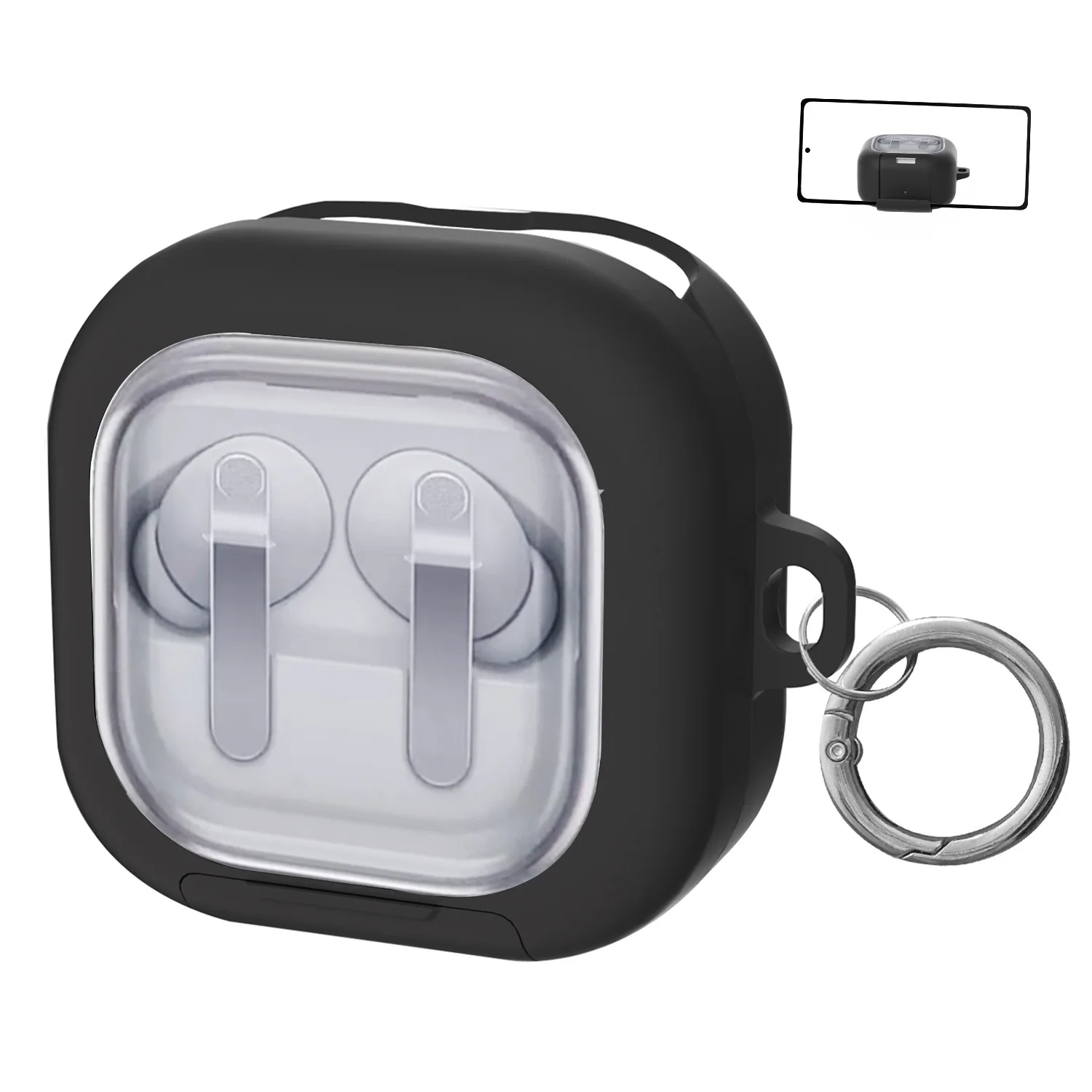 

For Samsung Galaxy Buds4 / Buds4 Pro Case Phone Stand Clear PC Earphone Cover with Hanging Buckle - Black