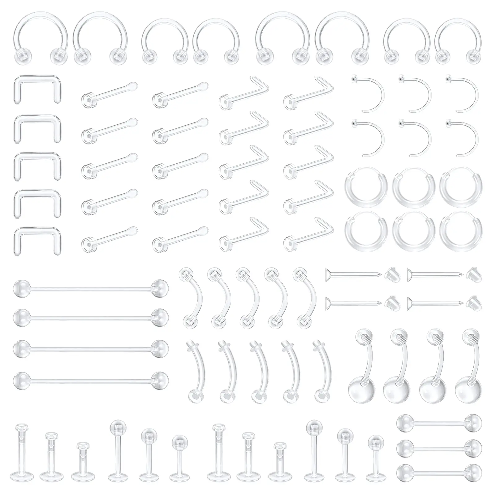 82pcs Set Clear Piercing Retainer Plastic Body Jewelry for Nose Eyebrow Lip Ear Navel Tongue Industrial Invisible Earrings