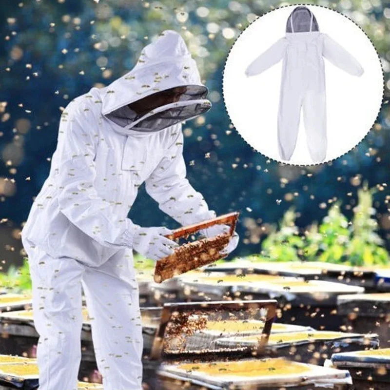 One-Piece XXL Bee-Proof Suit - White Polyester-Cotton Material, Complete Beekeeping Protection