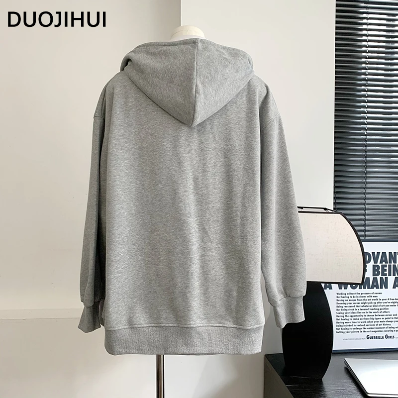 DUOJIHUI Two Piece Grey Chic Hooded Loose Female Hoodies Autumn Fashion Drawstring Skirt Loose Solid Color Zipper Women Hoodies