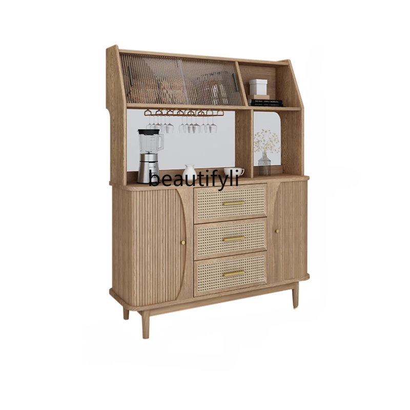 

Solid Wood Dining Rattan Storage Cabinet Kitchen Restaurant Wine Cabinet Wall Home Locker drawer furniture