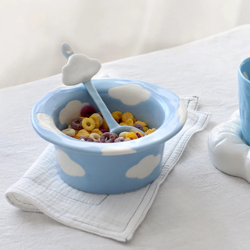 Cute Ceramic Bowl Blue Sky White Clouds Breakfast Spoon Coffee Mixing Spoon Underglaze Color Bowl Fruit Salad Noodles Soup Bowl