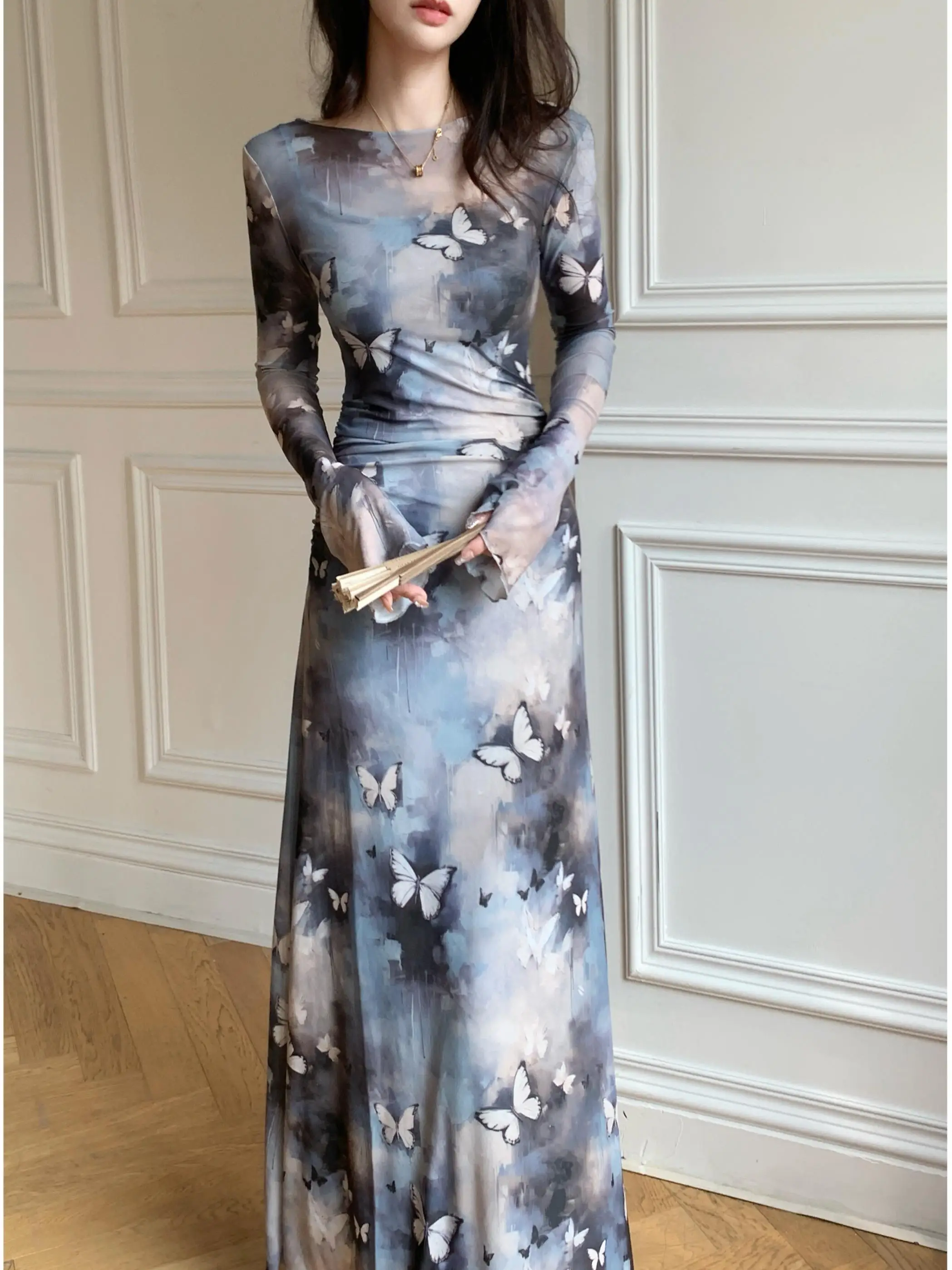 

Spring Autumn New Sle Slimming Long Sve Waist Cinched Me Sve Water Ink Sle Long Dr