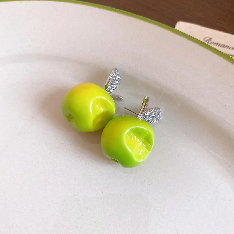 Cute Dent Yellow Green Resin Apple Stud Earrings Women Full Zircon Silver Color Leaf Nail Earrings Women Fresh Fruits Jewelry K