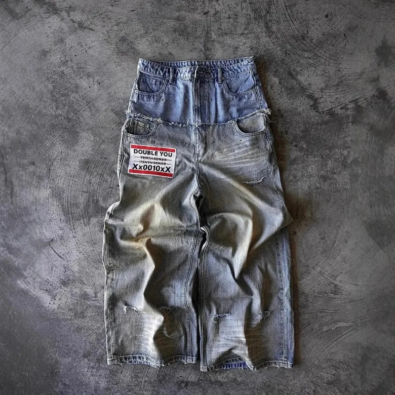 

Street hip hop letter-print jeans Men y2k Goth punk Harajuku ripped wide leg pants Retro loose straight leg double waisted pants
